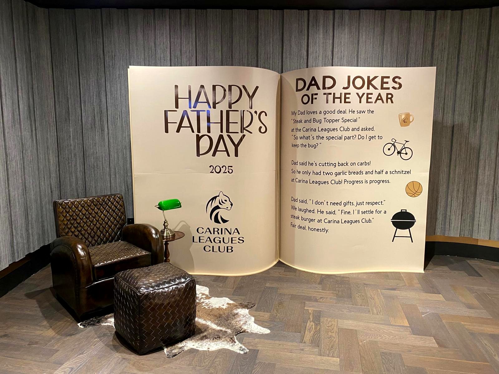 Father's Day dad jokes lounge display at Carina Leagues Club