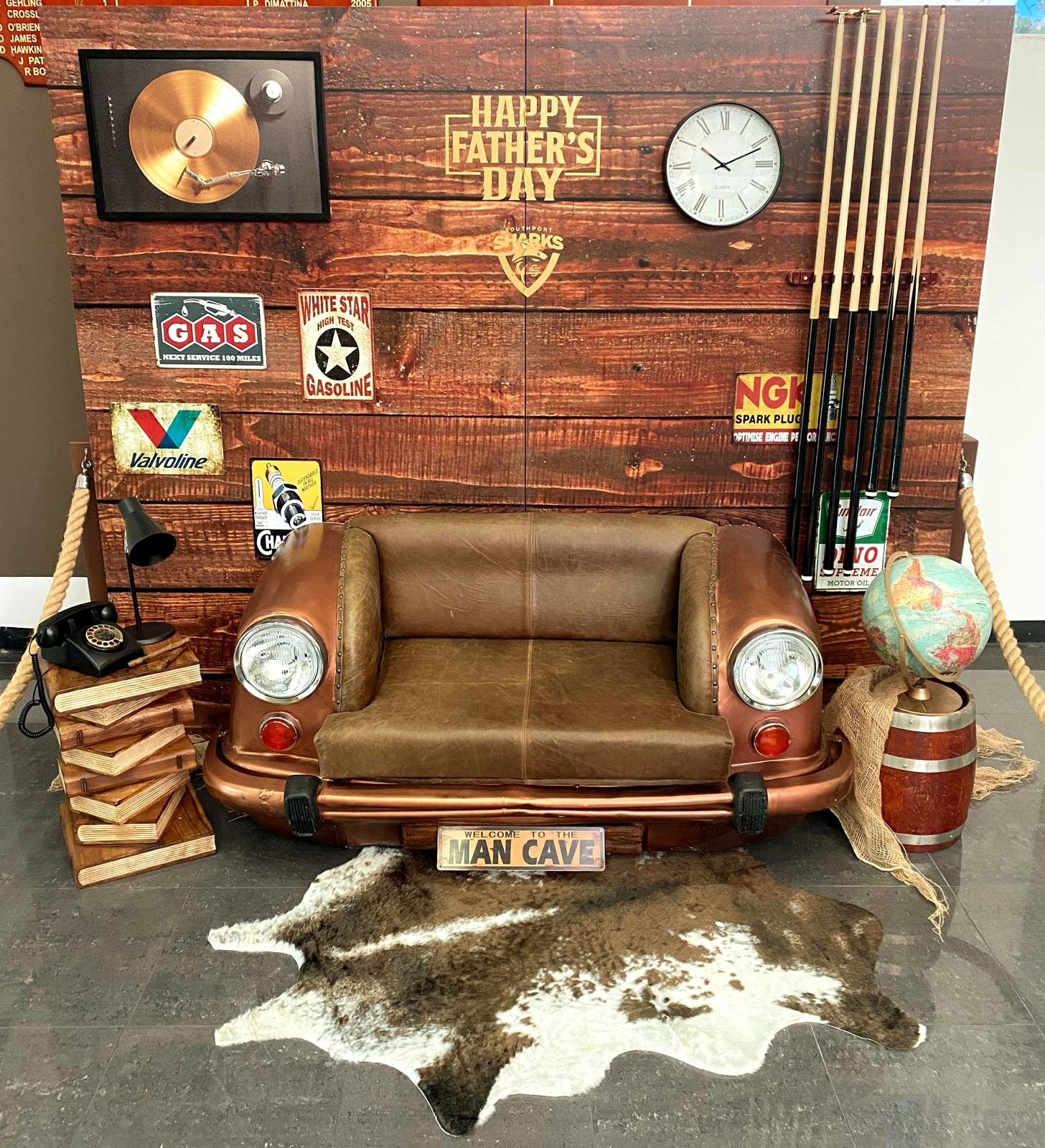 Man cave themed Father's Day car sofa display at Southport Sharks