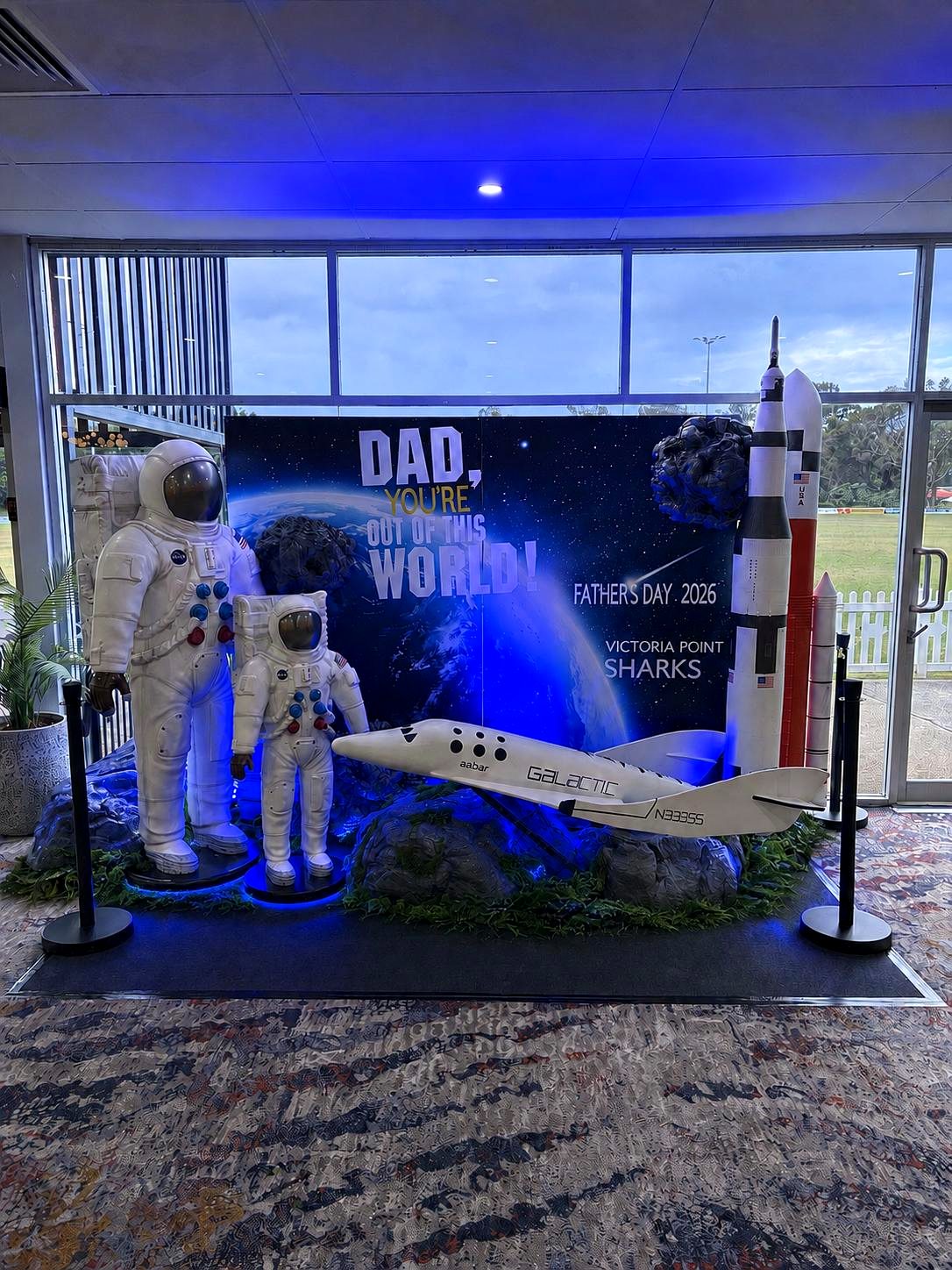 Dad You're Out of This World space themed Father's Day display at Victoria Point Sharks