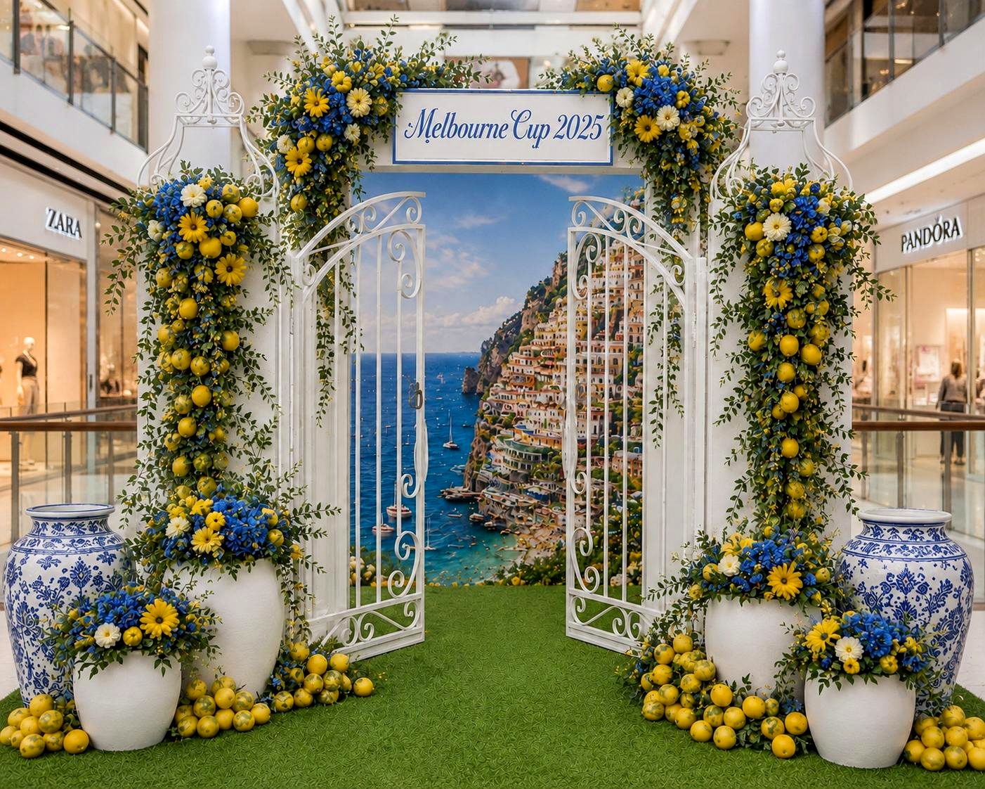 Melbourne Cup Amalfi Coast themed floral gate display with lemons