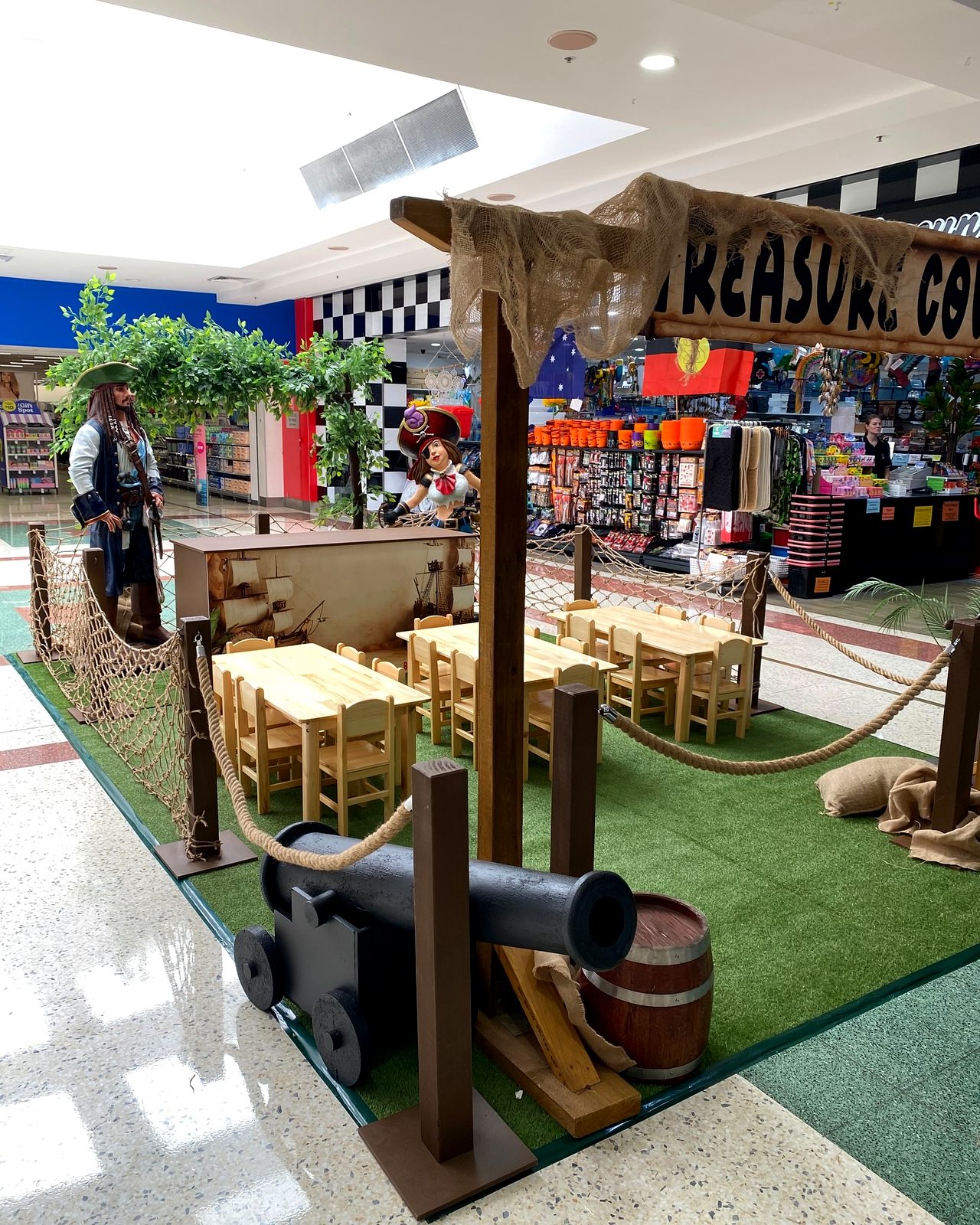 Treasure Cove pirate-themed school holiday activation with cannon and pirate characters